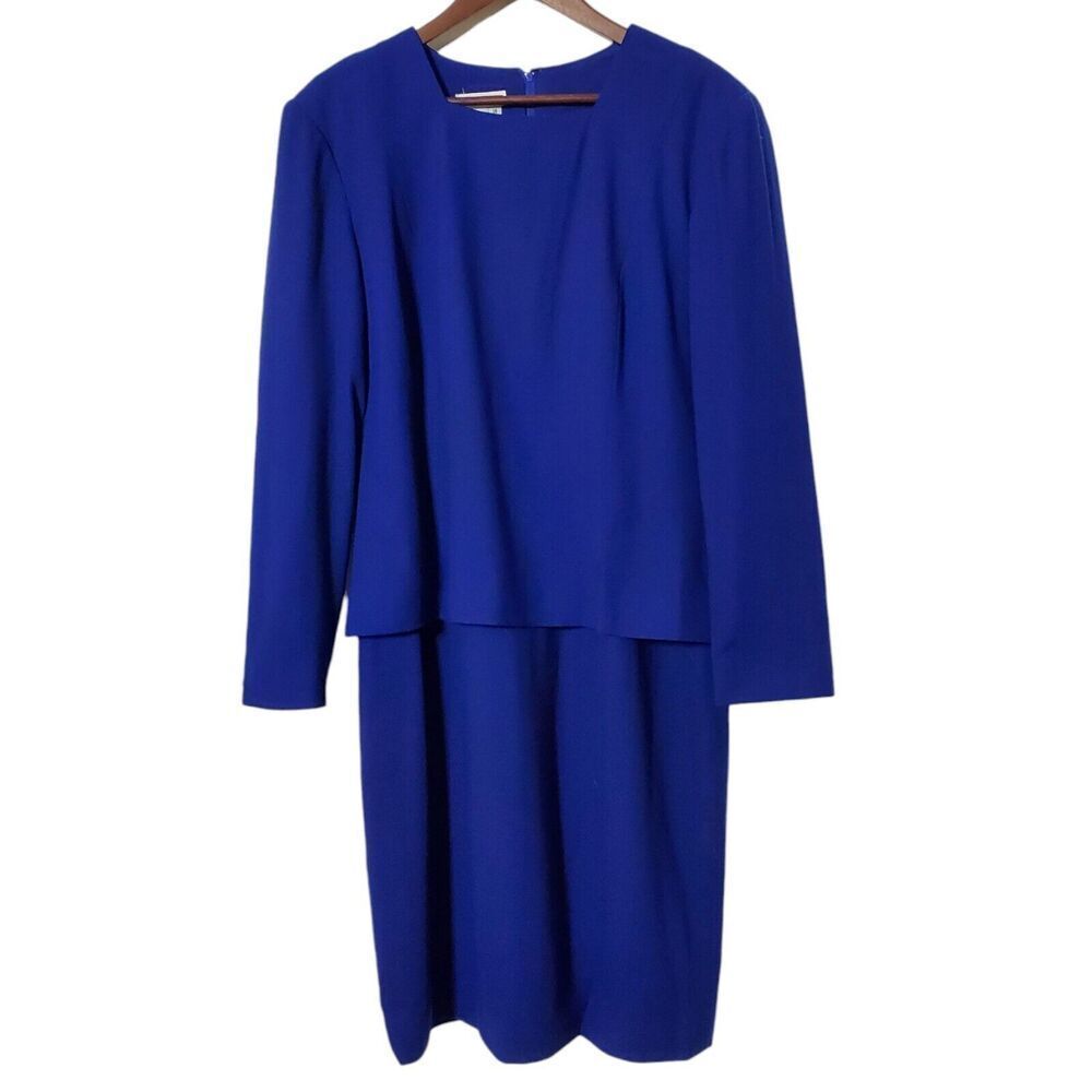VTG Talbots Midi Dress 16 Blue Blouson Long Sleeve Office Career  Church Womens